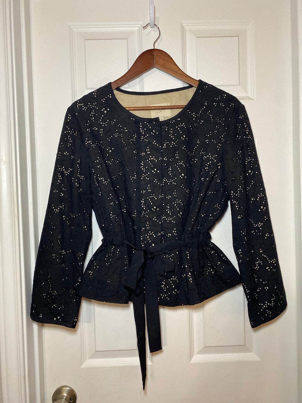 LOFT Black Eyelet Belted Collarless Jacket Size 14 Tie Waist Peplum Blazer